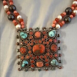 Tibetan 925 silver real coral and turquoise pendant with  Beaded strand Necklace